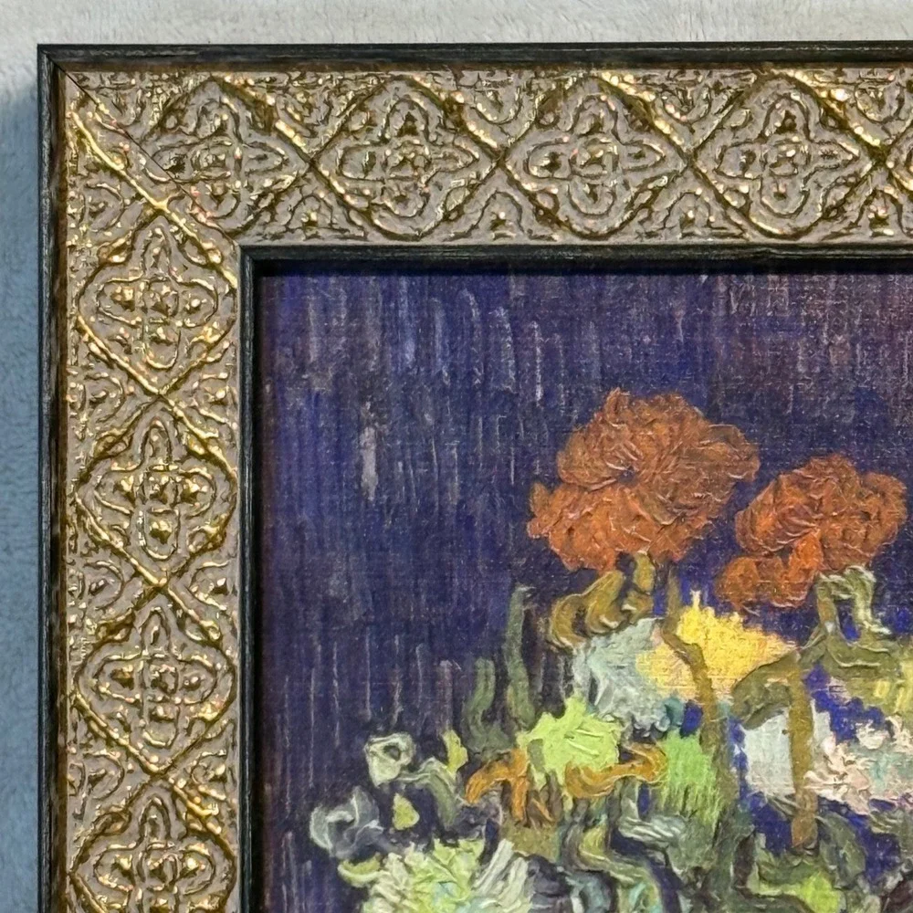 Van Gogh Reproduction Bouquet of Flowers in a Vase Gold Frame Wall Art Vintage